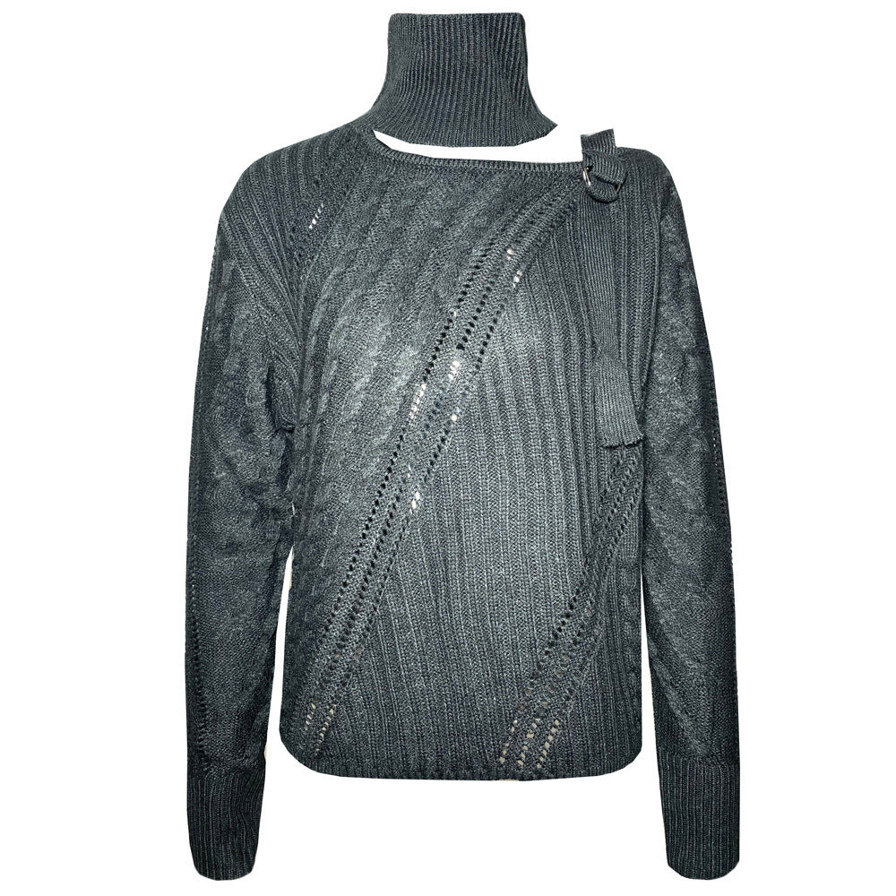Halter Off-the-shoulder Metal Decorative Irregular Long Sleeve Sweater - NJN NATURES