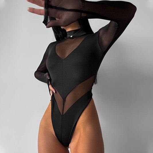 High Waist Long Sleeves Mesh Stitching Close-fitting Union Suit - NJN NATURES