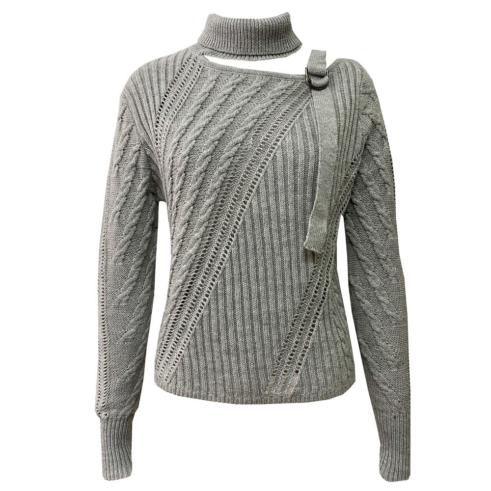 Halter Off-the-shoulder Metal Decorative Irregular Long Sleeve Sweater - NJN NATURES