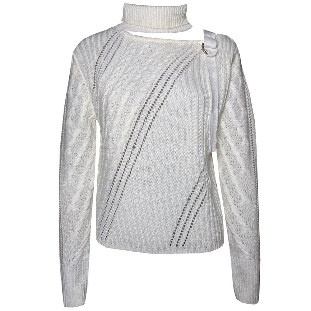 Halter Off-the-shoulder Metal Decorative Irregular Long Sleeve Sweater - NJN NATURES