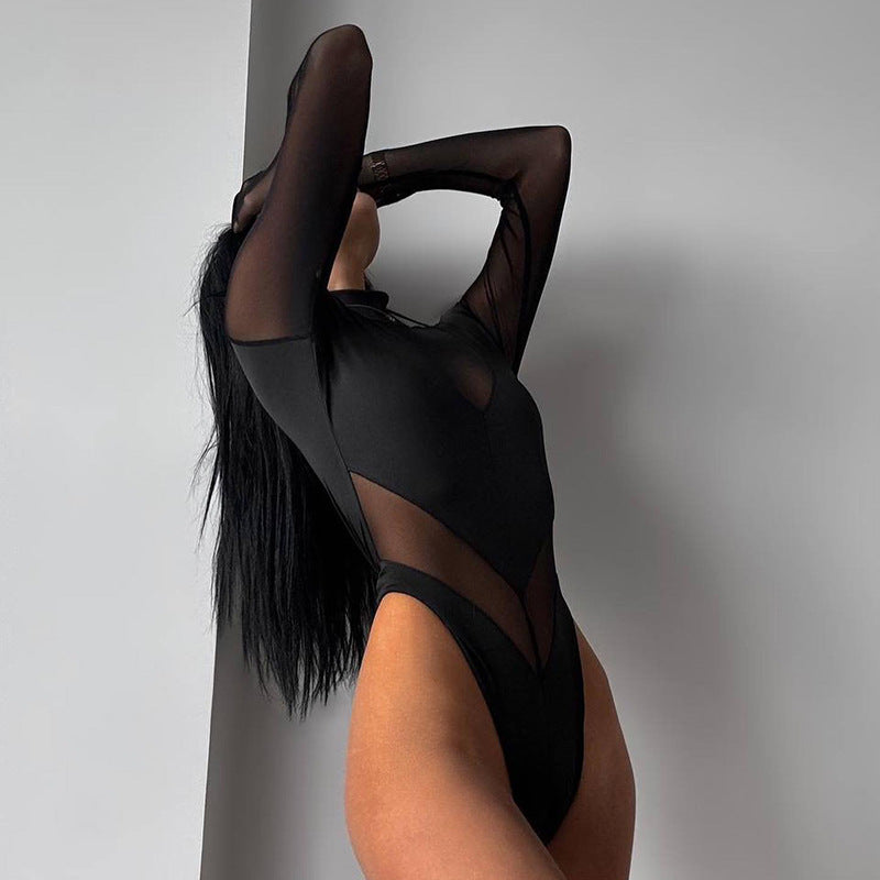 High Waist Long Sleeves Mesh Stitching Close-fitting Union Suit - NJN NATURES