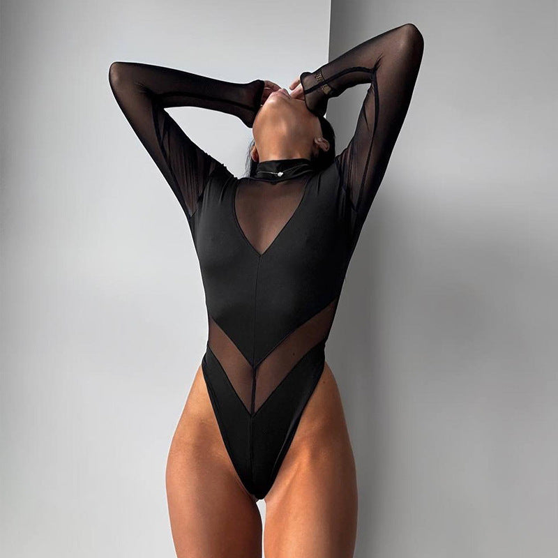 High Waist Long Sleeves Mesh Stitching Close-fitting Union Suit - NJN NATURES