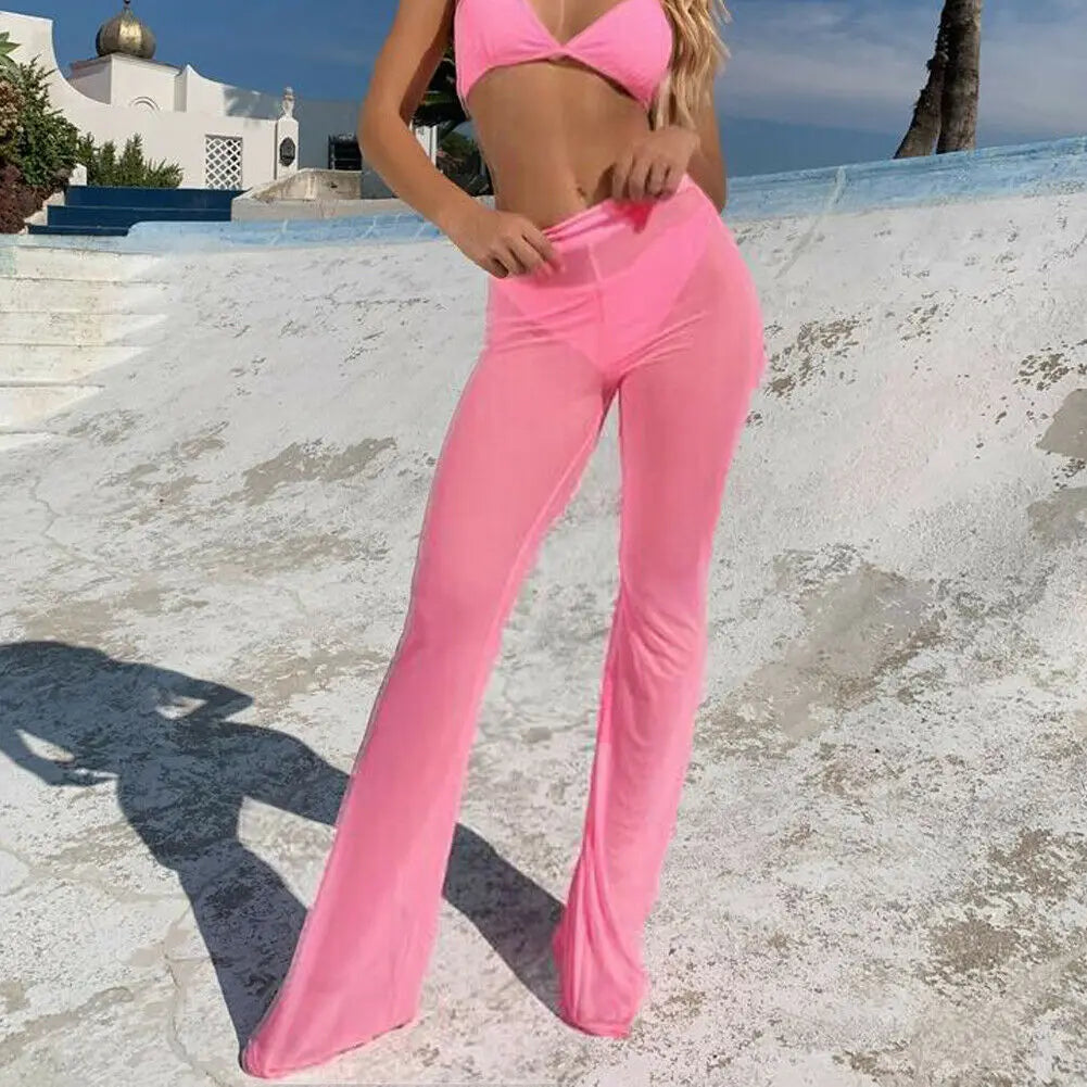 Hot Sexy Women Beach See-through Mesh High Waist Elastic Sheer Wide Leg Pants Trousers Bikini Cover Up S-XL - NJN NATURES