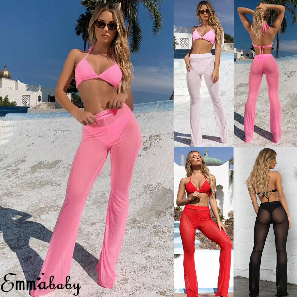 Hot Sexy Women Beach See-through Mesh High Waist Elastic Sheer Wide Leg Pants Trousers Bikini Cover Up S-XL - NJN NATURES