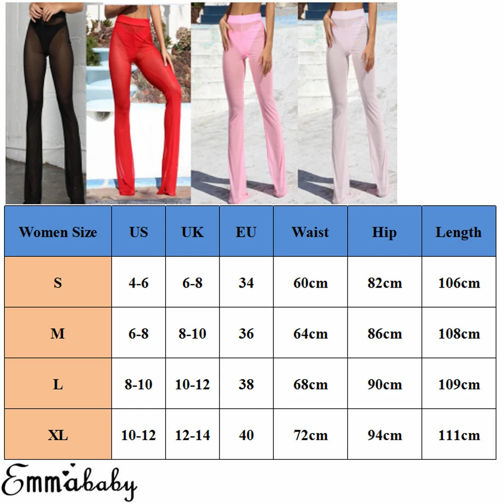 Hot Sexy Women Beach See-through Mesh High Waist Elastic Sheer Wide Leg Pants Trousers Bikini Cover Up S-XL - NJN NATURES