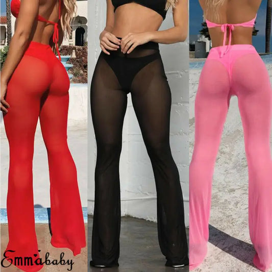 Hot Sexy Women Beach See-through Mesh High Waist Elastic Sheer Wide Leg Pants Trousers Bikini Cover Up S-XL - NJN NATURES