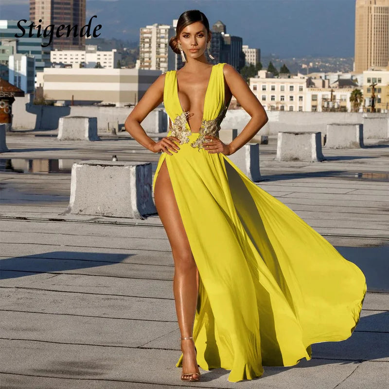 Stigende Floral Appliques Greek Goddess Dress Women Deep V Neck Prom Fairy Dress High Split Wedding Cocktail Night Party Dress - NJN NATURES