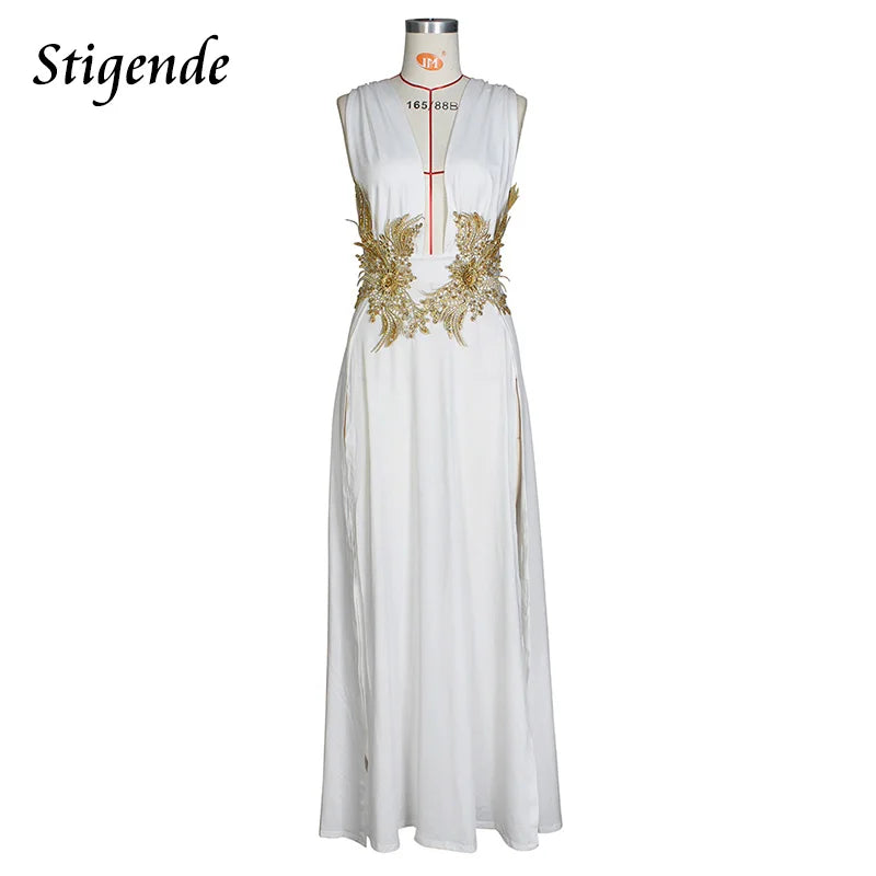 Stigende Floral Appliques Greek Goddess Dress Women Deep V Neck Prom Fairy Dress High Split Wedding Cocktail Night Party Dress - NJN NATURES
