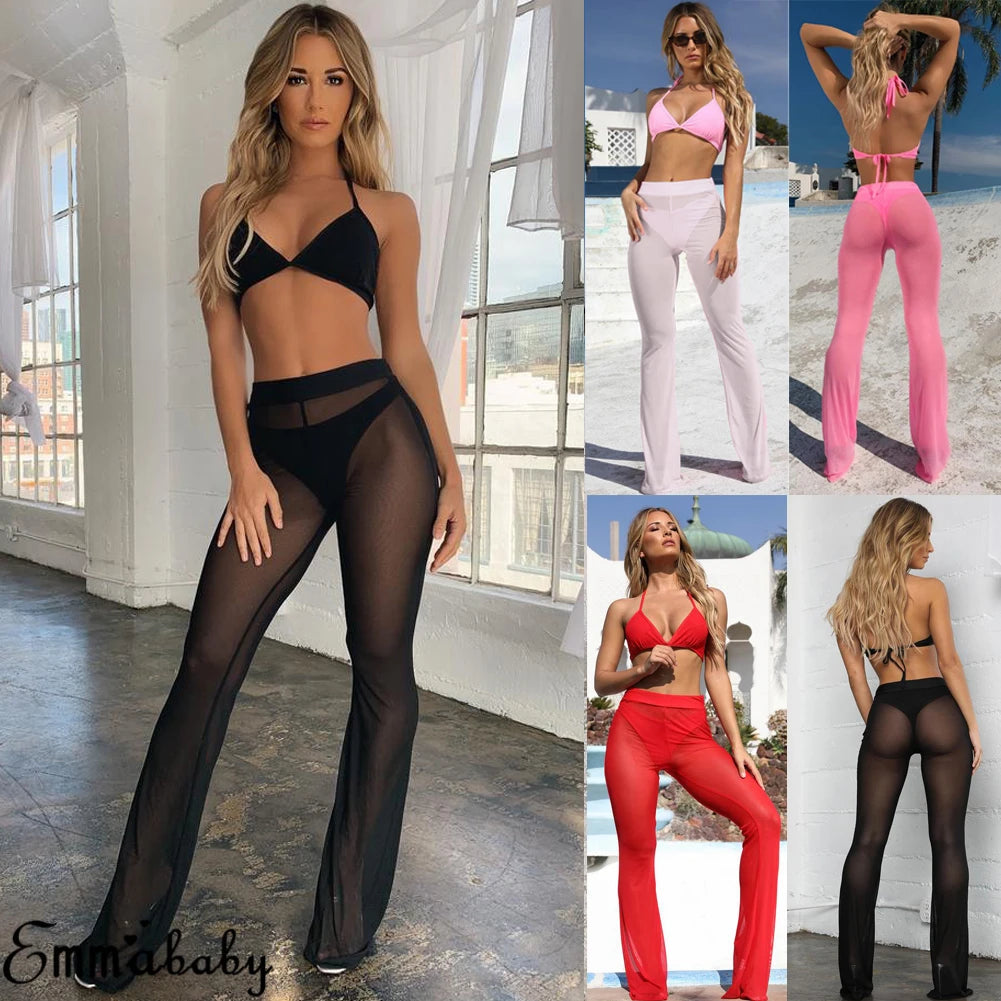 Hot Sexy Women Beach See-through Mesh High Waist Elastic Sheer Wide Leg Pants Trousers Bikini Cover Up S-XL - NJN NATURES