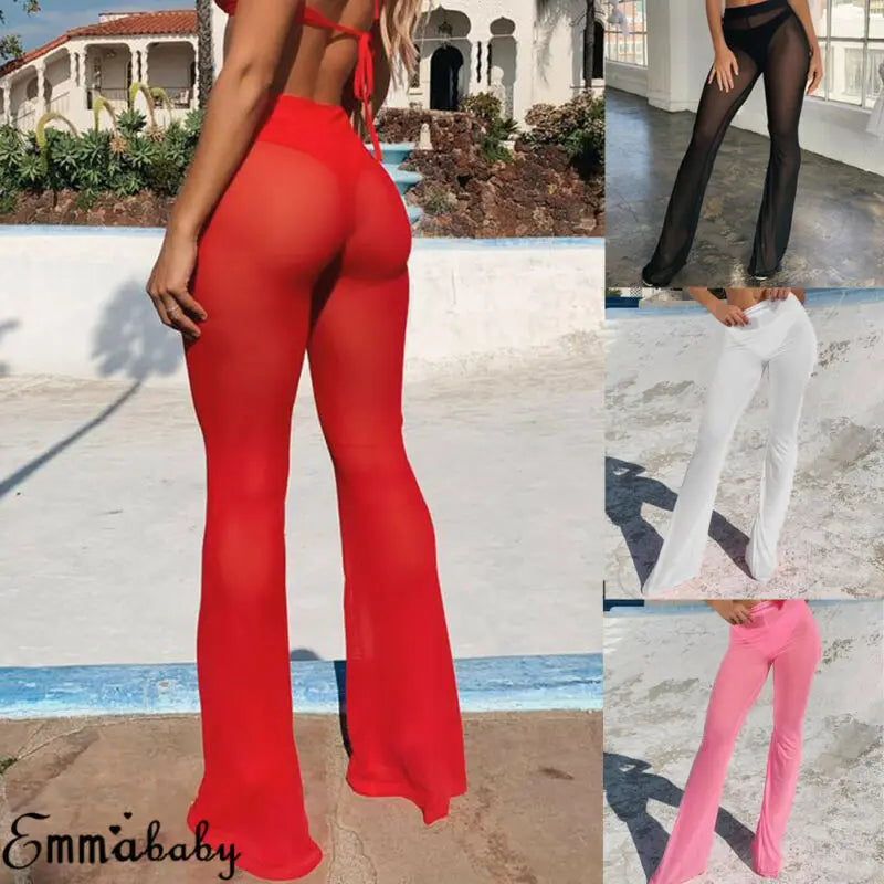Hot Sexy Women Beach See-through Mesh High Waist Elastic Sheer Wide Leg Pants Trousers Bikini Cover Up S-XL - NJN NATURES
