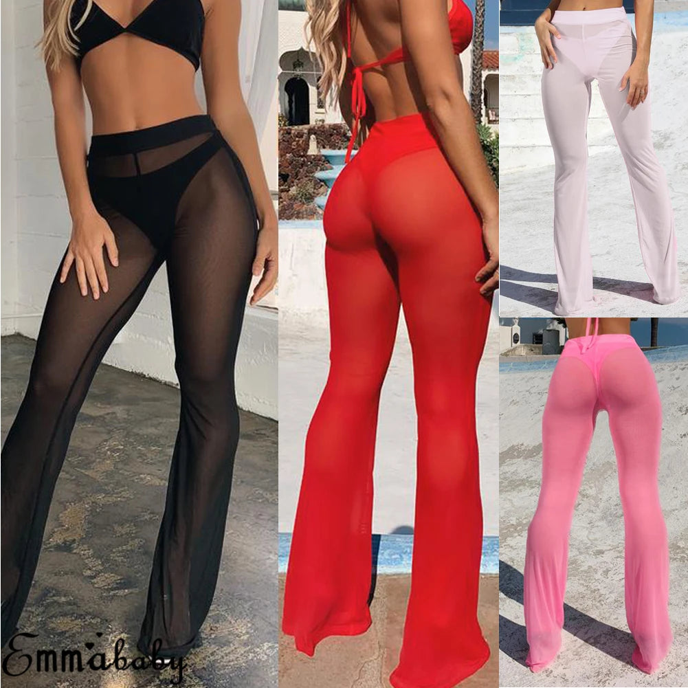 Hot Sexy Women Beach See-through Mesh High Waist Elastic Sheer Wide Leg Pants Trousers Bikini Cover Up S-XL - NJN NATURES