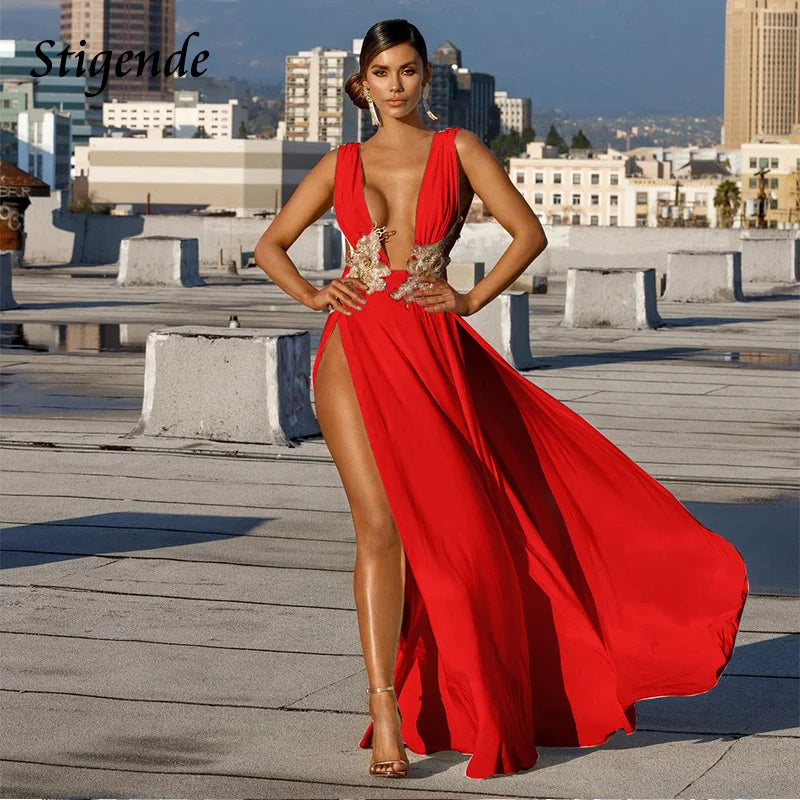 Stigende Floral Appliques Greek Goddess Dress Women Deep V Neck Prom Fairy Dress High Split Wedding Cocktail Night Party Dress - NJN NATURES