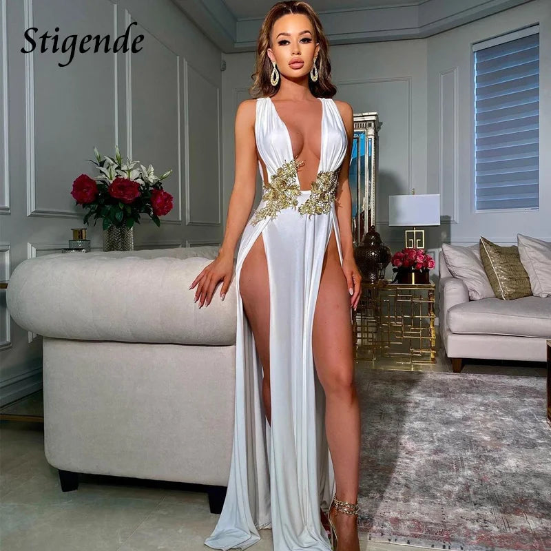 Stigende Floral Appliques Greek Goddess Dress Women Deep V Neck Prom Fairy Dress High Split Wedding Cocktail Night Party Dress - NJN NATURES