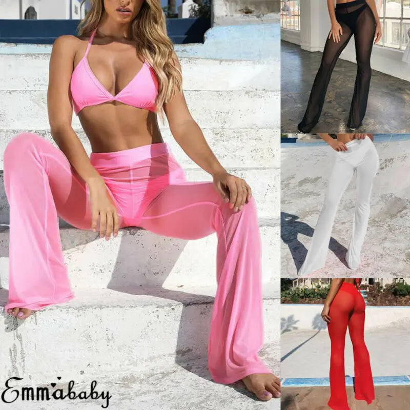 Hot Sexy Women Beach See-through Mesh High Waist Elastic Sheer Wide Leg Pants Trousers Bikini Cover Up S-XL - NJN NATURES