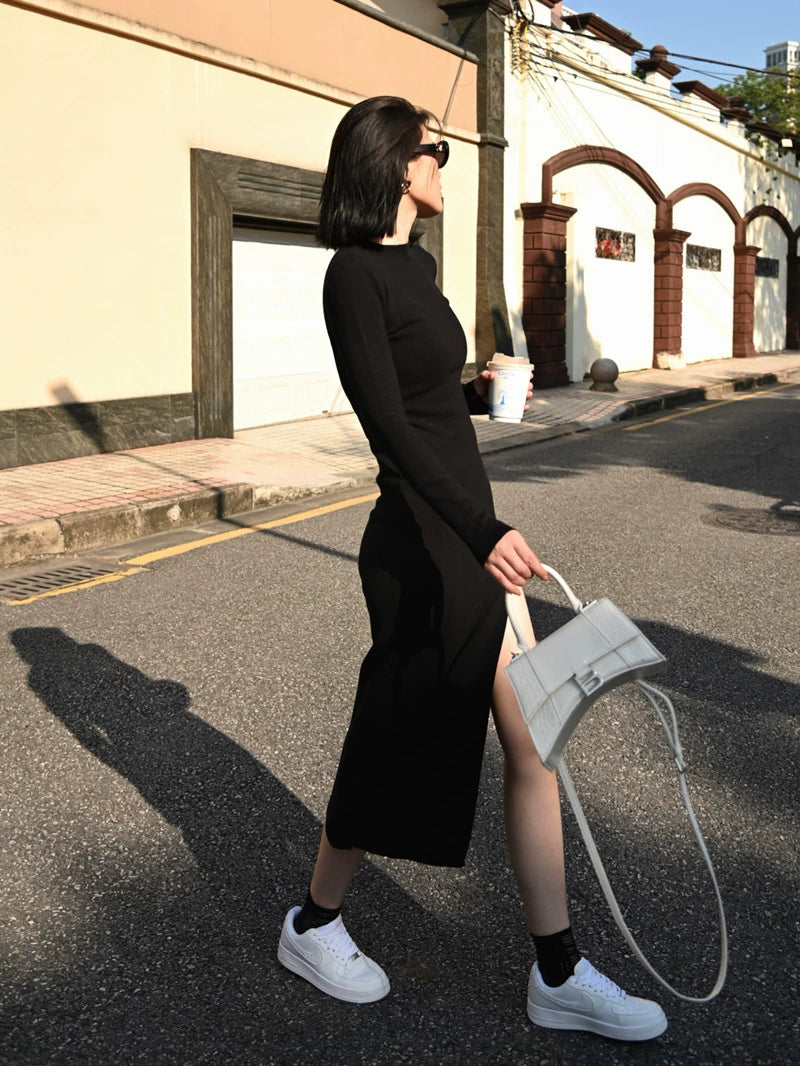 Autumn Half Turtleneck Slim Fit below the Knee Knitting Dress - NJN NATURES