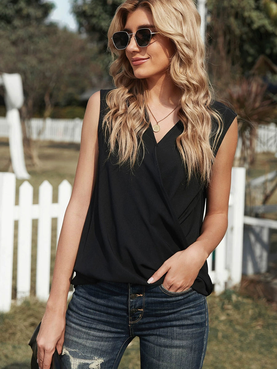 European American Summer New Slimming Patchwork Sleeveless Tops Women's Fashion Casual Pure Color Sexy V-neck Slim Fit Vest - NJN NATURES