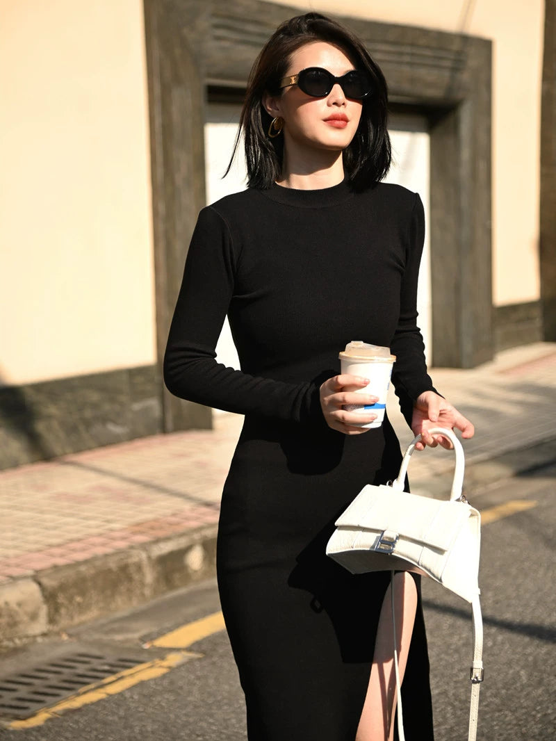 Autumn Half Turtleneck Slim Fit below the Knee Knitting Dress - NJN NATURES