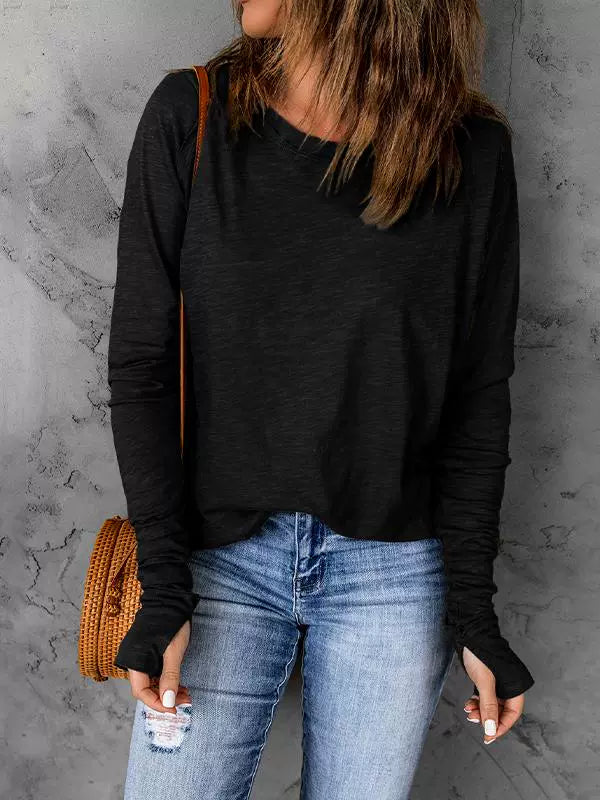 Spring & Fall New Arrival Black Simple Long Sleeve T-shirt Women's Thin Simple Fashion in Europe and America round Neck Pullover Bottoming Shirt Tops Women - NJN NATURES