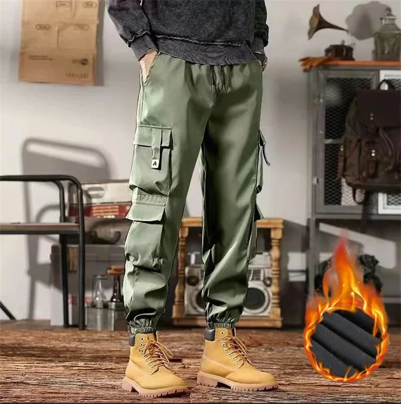 2024 new autumn and winter cashmere thick pants men's solid color loose drawstring fashion casual pants port style cargo pants - NJN NATURES