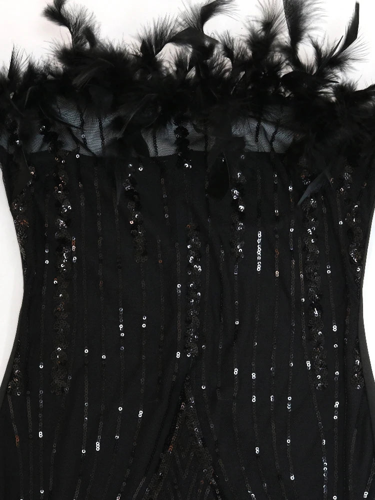 iDress Black Sexy Sequin Party Dress for Women Elegant Glitter Feather Short Dress Sheer Mesh Strapless Bodycon Mini Club Dress - NJN NATURES