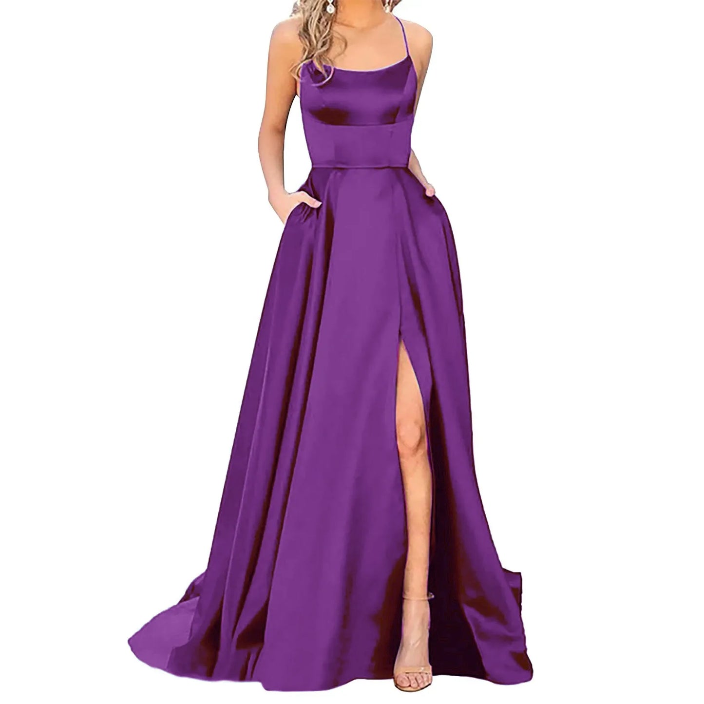 Elegant Hight Split Evening Maxi Dress Sexy Lace-Up Backless Long Dresses Navy Blue Sleeveless High Waist Party Dress - NJN NATURES