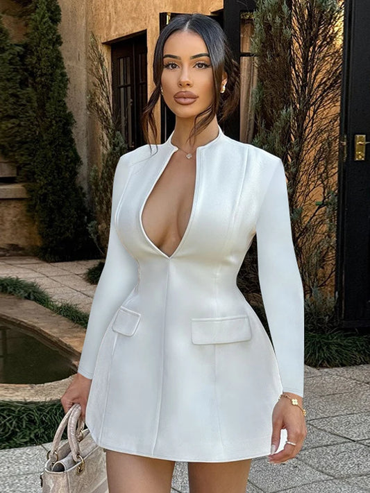 NIDANSSI White Deep V Pockets Evening Party Dress Women 2024 Robes Elegant Sexy Dress Bodycon Zipper Mini Autumn Dress Vestidos - NJN NATURES