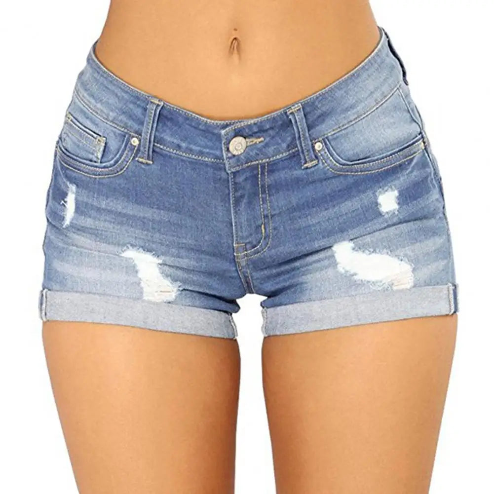Denim Shorts Women Jeans Ripped Mid Waist Solid Color Soft Short Jeans Casual Slim Fit Shorts Summer - NJN NATURES