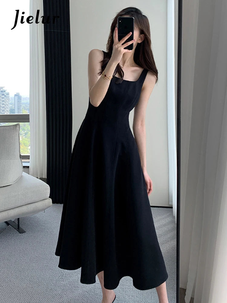 Jielur French Style Black Spaghetti Strap Female Dresses Summer Slim Waist Elegant Evening Women's Dresses Birthday Party Dress - NJN NATURES