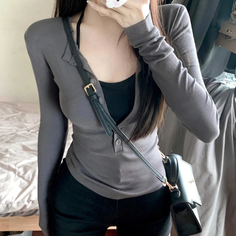 Xingqing y2k Grunge Tops Women Solid Color Slim Fit V Neck Long Sleeve Button Up T Shirt 2000s Fairycore Clothing Streetwear - NJN NATURES
