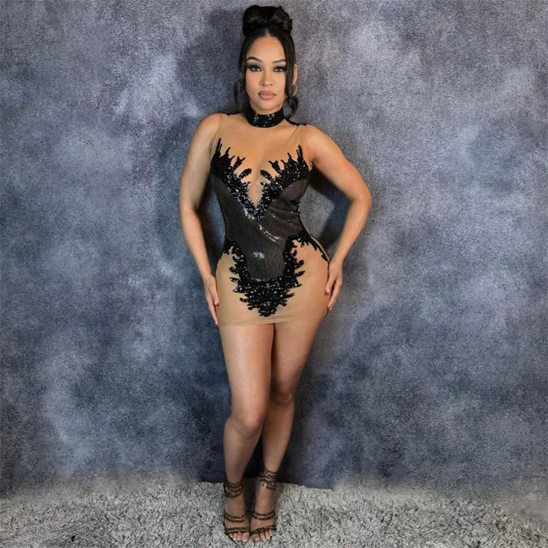 Sleeveless Turtleneck Women See Through Mesh Patchwork Sexy Sequins Party Dress 2024 Summer Bodycon Night Club Mini Dress Black - NJN NATURES