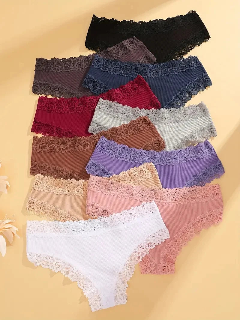 15Pcs Women Cotton Panties Sexy Lace Intimate Brazilian Underwear Solid Color Female Trendy Lace Briefs Female Soft Underpants - NJN NATURES