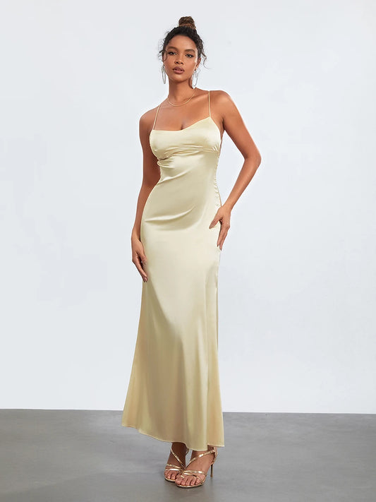 wsevypo Women's Spaghetti Strap Party Dress Backless Cross Tie-up Sleeveless Low Cut Slip Dresses Elegant Evening Gown Vestidos - NJN NATURES