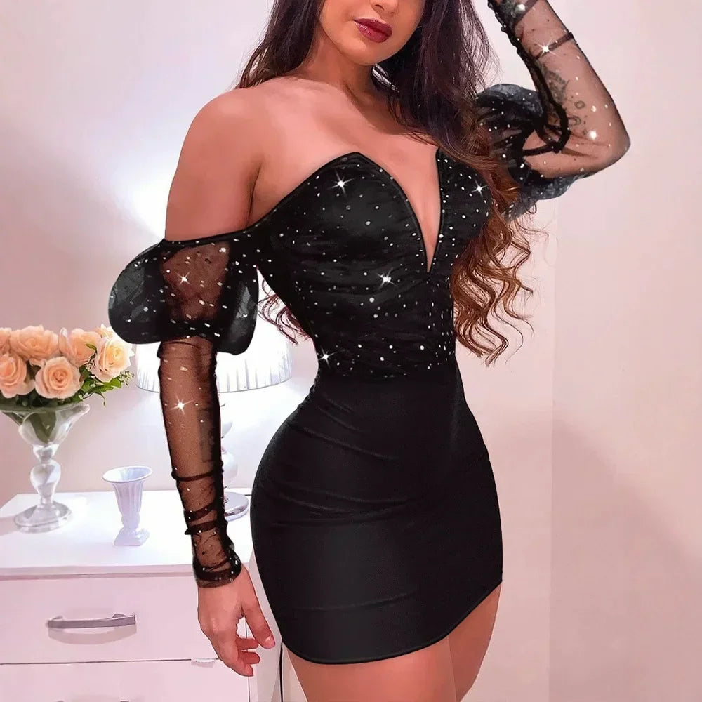 Women Strapless Mesh Splicing Long Sleeve Mini Dress Bodycon Sexy Fashion Party Dress - NJN NATURES