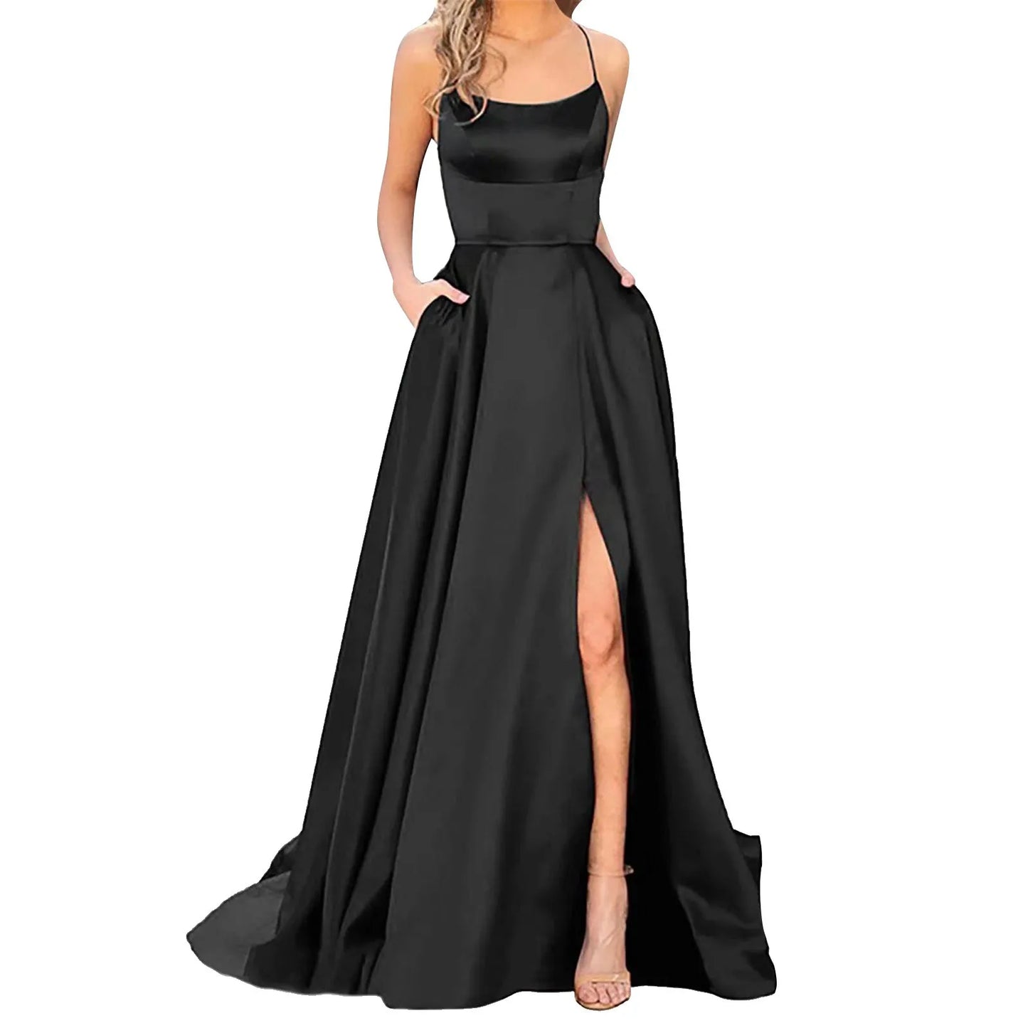 Elegant Hight Split Evening Maxi Dress Sexy Lace-Up Backless Long Dresses Navy Blue Sleeveless High Waist Party Dress - NJN NATURES
