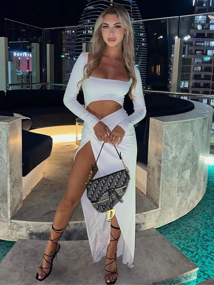 Townlike Hollow Out High Split Sexy Dress Women 2022 Slim Long Sleeve Autumn Club Party Dress Elegant Long Maxi Dresses Vestidos - NJN NATURES