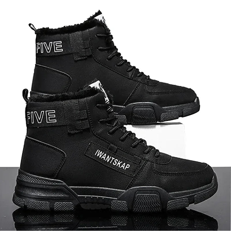 Ankle boots men snow boots winter warm Lace-up men shoes fashion flock plush winter boots men shoe plus size shoes black PU517 - NJN NATURES