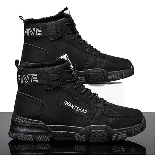 Ankle boots men snow boots winter warm Lace-up men shoes fashion flock plush winter boots men shoe plus size shoes black PU517 - NJN NATURES