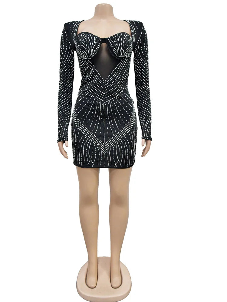 Kricesseen Sparkle Open Back Long Sleeve Diamonds Short Party Dress Glam Mesh Crystal Night Dresses Pink Outfits New Year Robes - NJN NATURES