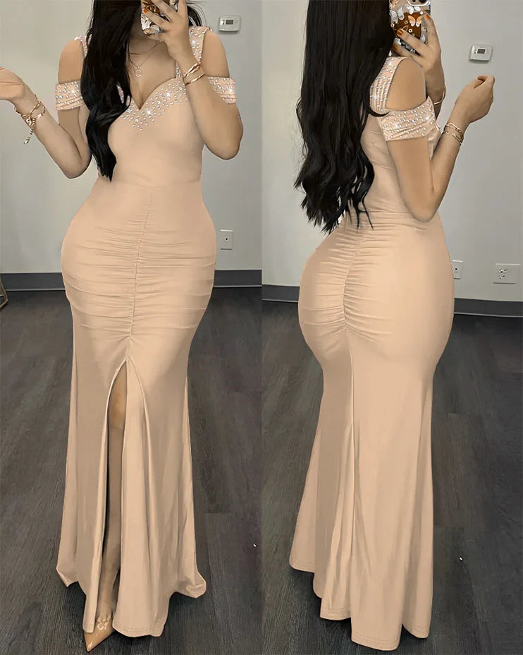 Woman Sexy High Waist Evening Dresses Fashion Women's Clothes Rhinestone Cold Shoulder Slit Ruched Elegant Party Dress for Women - NJN NATURES