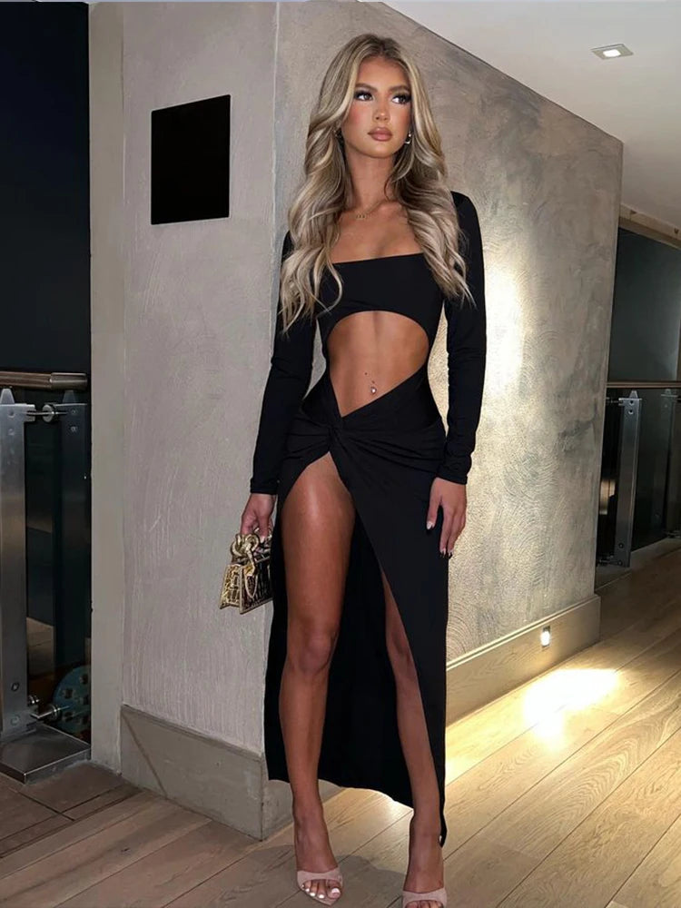 Townlike Hollow Out High Split Sexy Dress Women 2022 Slim Long Sleeve Autumn Club Party Dress Elegant Long Maxi Dresses Vestidos - NJN NATURES