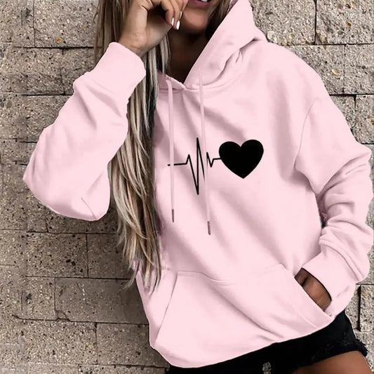 Dropshipping!! New Arrival Women Hoodie Drawstring Warm Pullover Heart Print Spring Hoodie - NJN NATURES