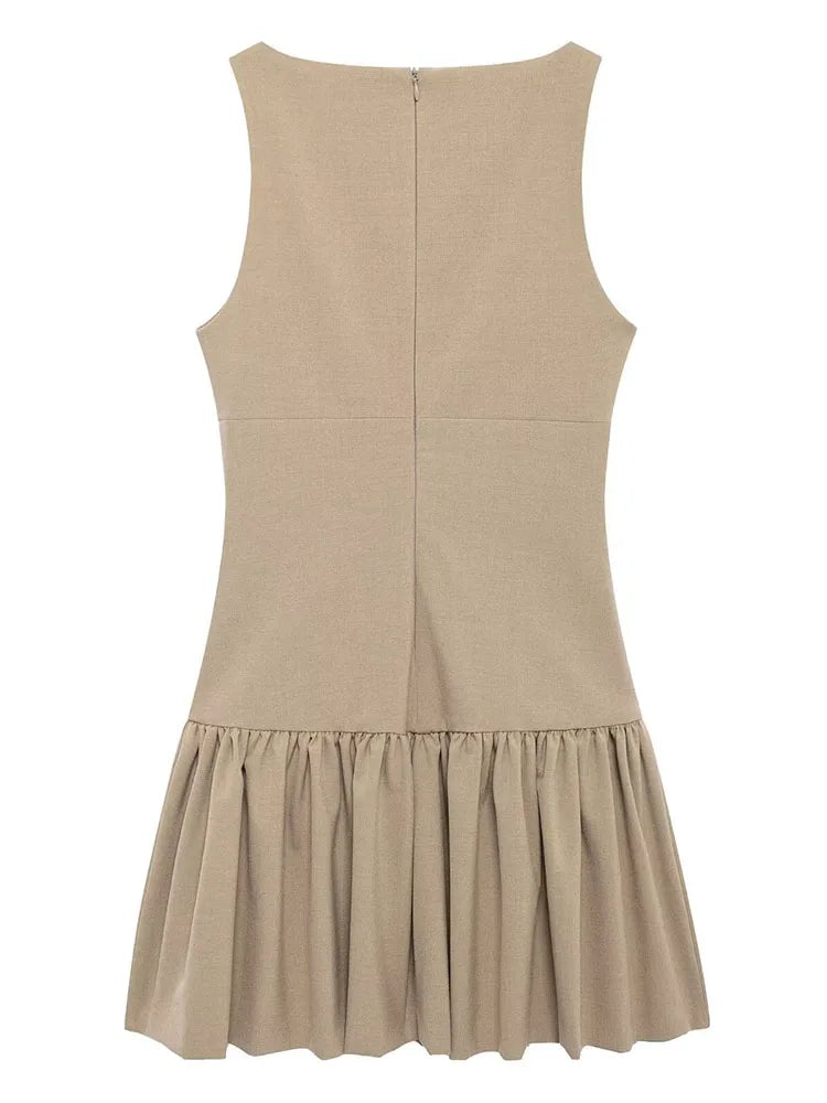 TRAF New Women Bow Pleated Dress 2024 Fashion Chic Sleeveless Casual Mini Dress Female Elegant Back Zipper Short Party Dress - NJN NATURES