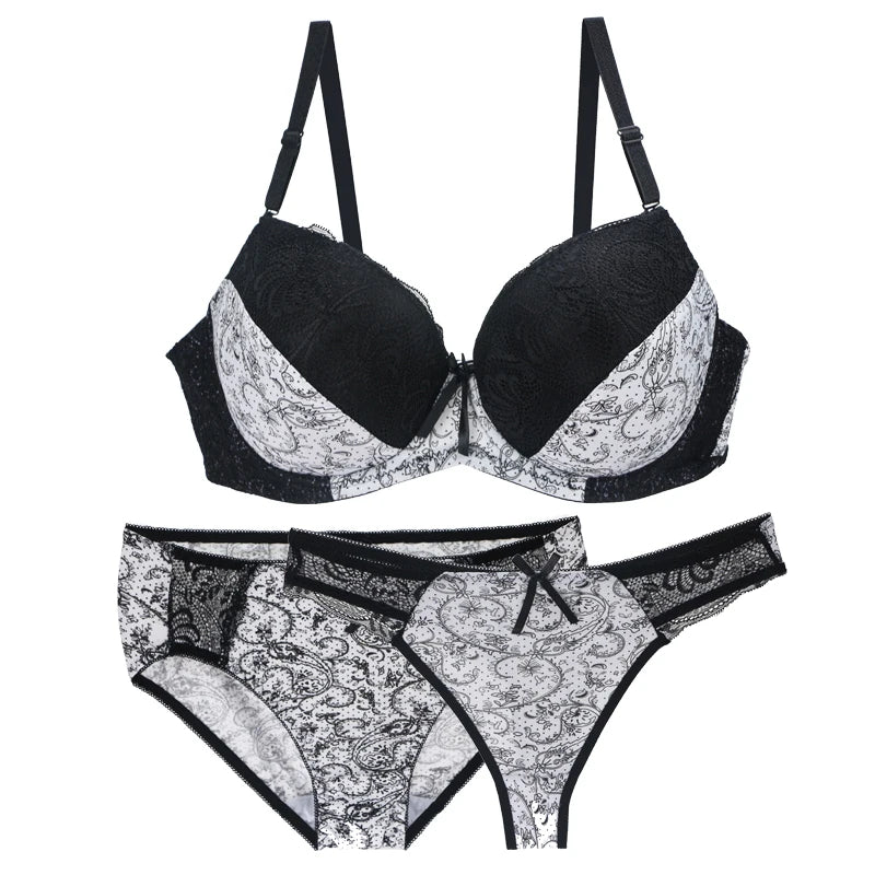 2024 New Sexy Push Up Bra Sets For Women 3 Piece Underwear Transparent BCDEF Cup Beige Black Blue Purple Red White Lingerie - NJN NATURES