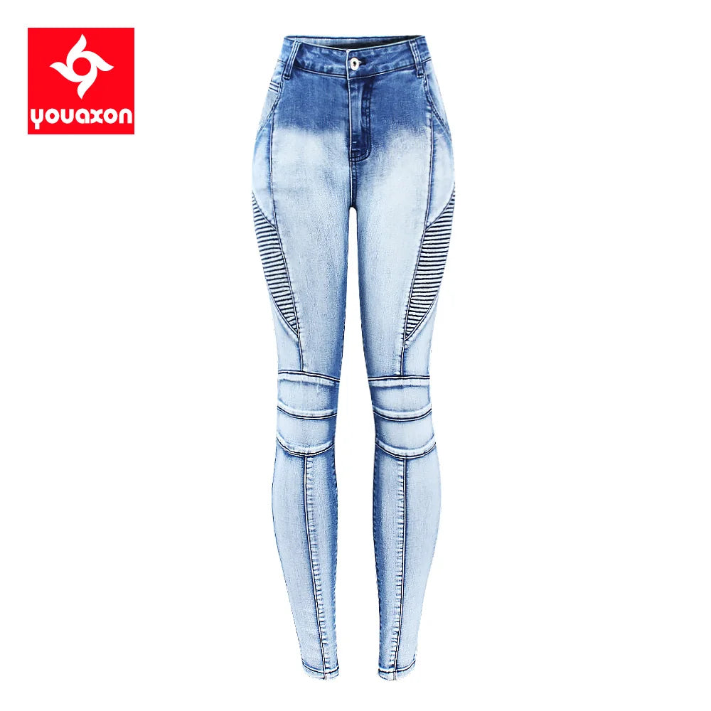 2077 Youaxon Women`s Fashion Motor Biker Style Jeans Mid High Waist Denim Skinny Pants Jeans For Women Clothing Free Shipping - NJN NATURES