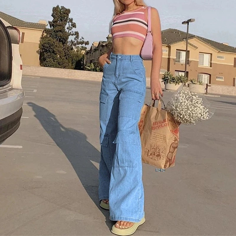 New Y2K Jeans Women's High Waist Baggy Jeans Washed Flap Big Pocket Straight Wide Leg Denim Pants Streetwear Vintage Cargo Jeans - NJN NATURES