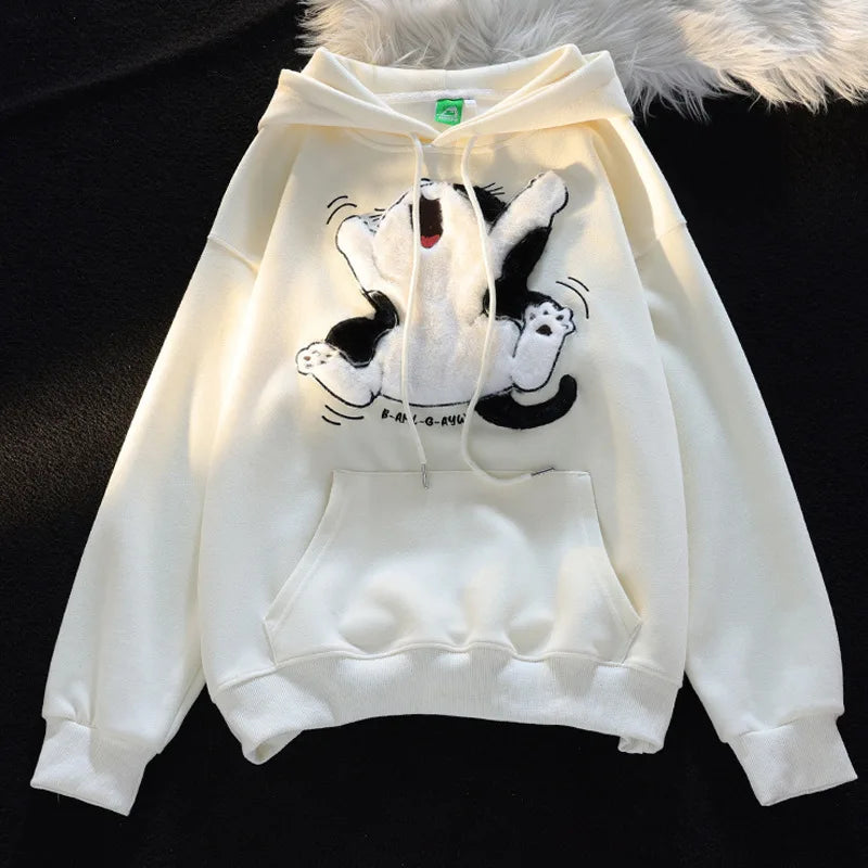 Japanese Kawaii Flock Embroidery Cartoon Cat Patchwork Hoodies Thicken Kangaroo Pocket Baggy Street Sweatshirt All-Matching Top - NJN NATURES