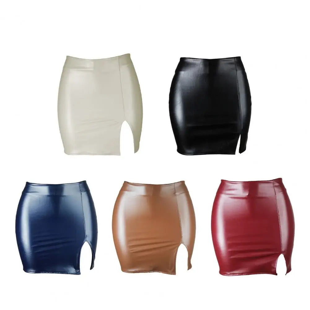 Women Skirt Solid Color Hidden Zipper Mini Skirt Faux Leather High Waist Split Skinny Skirt Female Streetwear Women's Clothing - NJN NATURES
