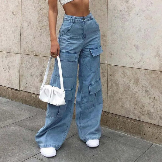 New Y2K Jeans Women's High Waist Baggy Jeans Washed Flap Big Pocket Straight Wide Leg Denim Pants Streetwear Vintage Cargo Jeans - NJN NATURES