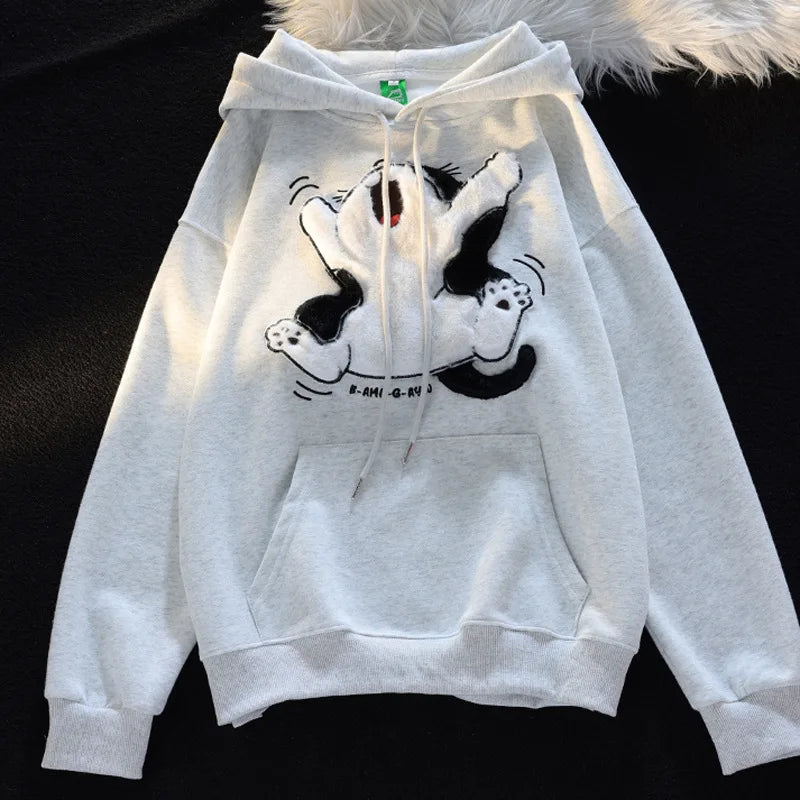 Japanese Kawaii Flock Embroidery Cartoon Cat Patchwork Hoodies Thicken Kangaroo Pocket Baggy Street Sweatshirt All-Matching Top - NJN NATURES