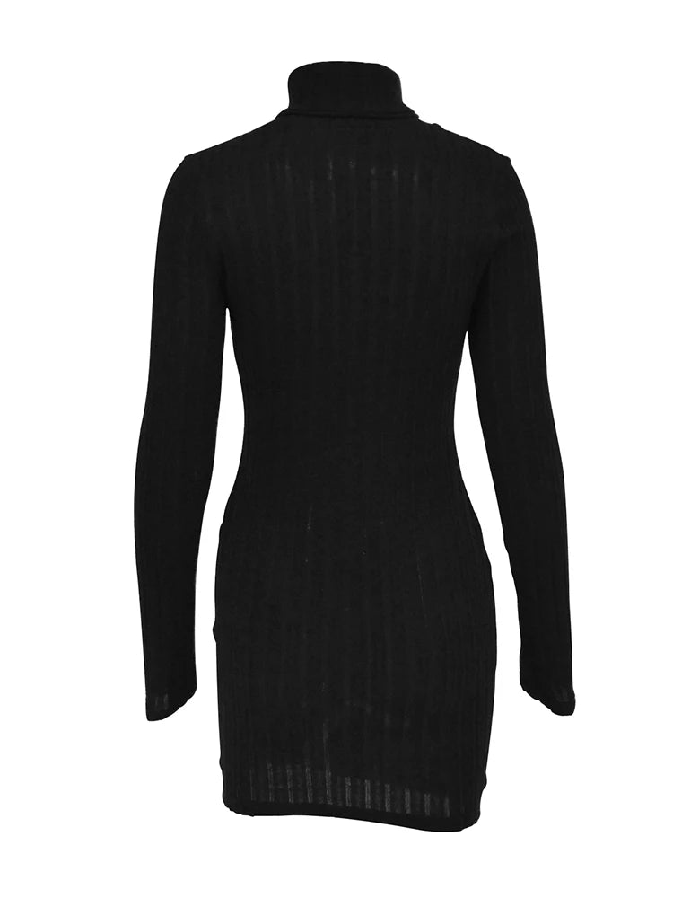 New Sexy Mini Dress For Women Autumn Black Solid Turtleneck Long Sleeves Sheath Dress Club Elegant Bodycon Party Dresses Female - NJN NATURES